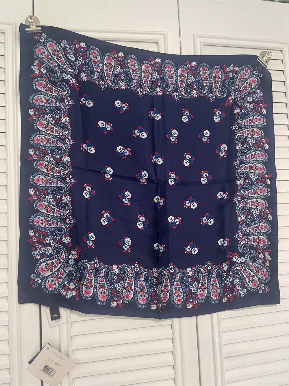 Echo Navy Paisley Floral Silk Scarf with Red & White Accents